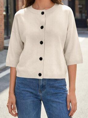 Elbow Sleeve Crewneck Cardigan Sweater